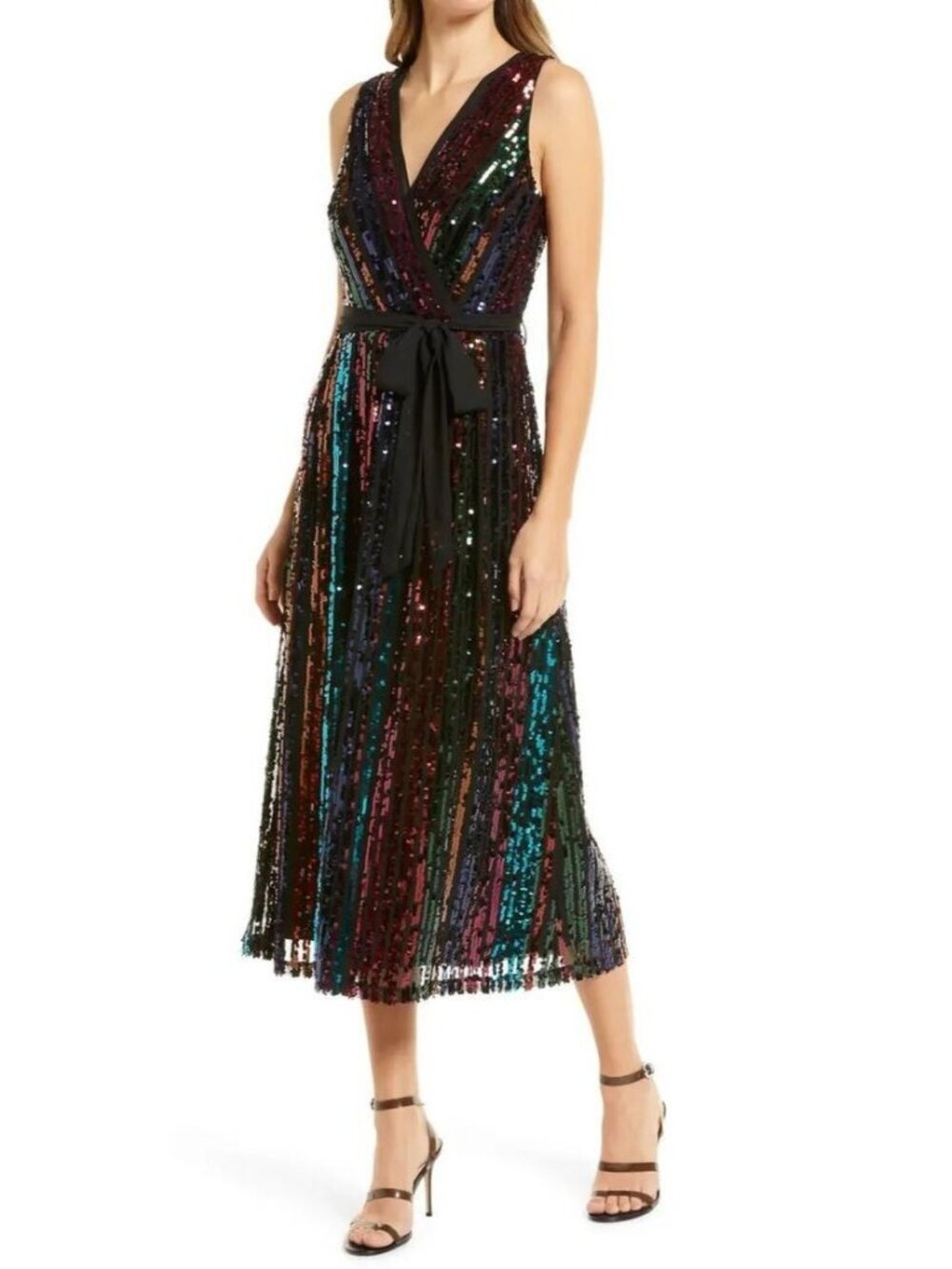 Julia Jordan Size 4 Rainbow Sequin Stripe Fit & Flare Midi Cocktail Dress NEW